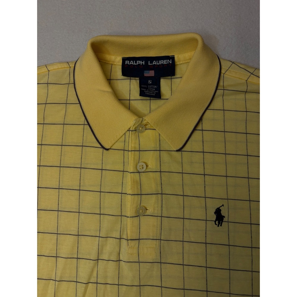 Ralph Lauren Polo Sport Mens Small Yellow Grid Long Sleeve Polo Shirt Cotton
